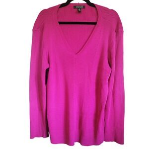 Lauren Ralph Lauren‎ Womens 3X Ribbed Knit V Neck Sweater Pink Long Sleeve Top